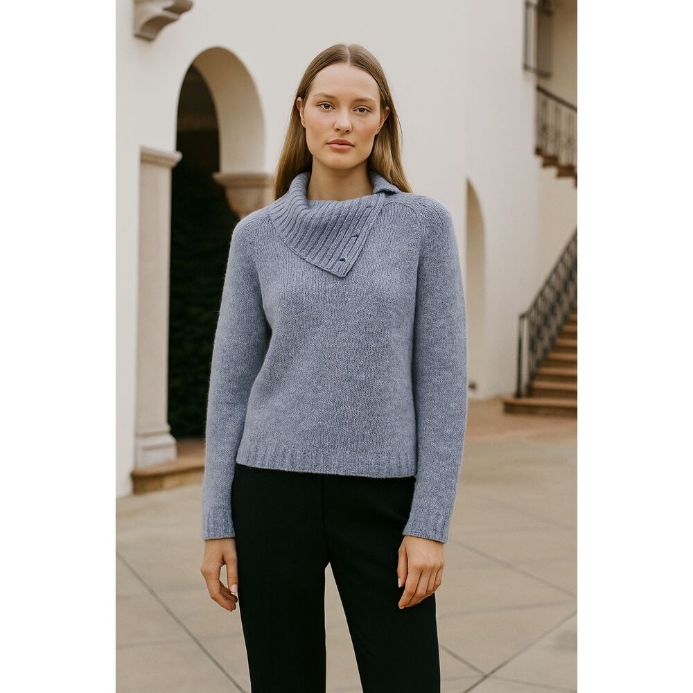 Belford Marled Cashmere Button Mockneck Sweater in Blue L